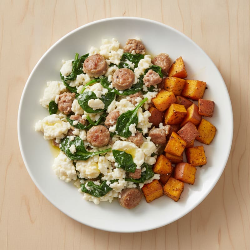 Egg White Scramble with Turkey Sausage and Spinach