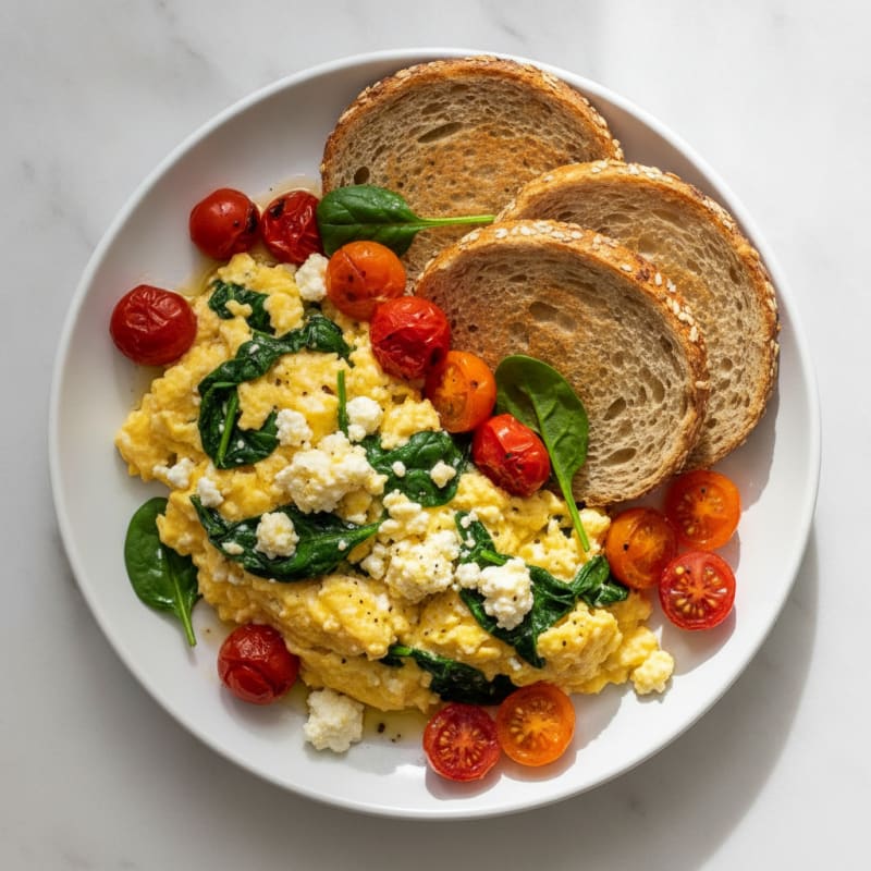 Cottage Cheese Egg Scramble with Spinach and Cherry Tomatoes