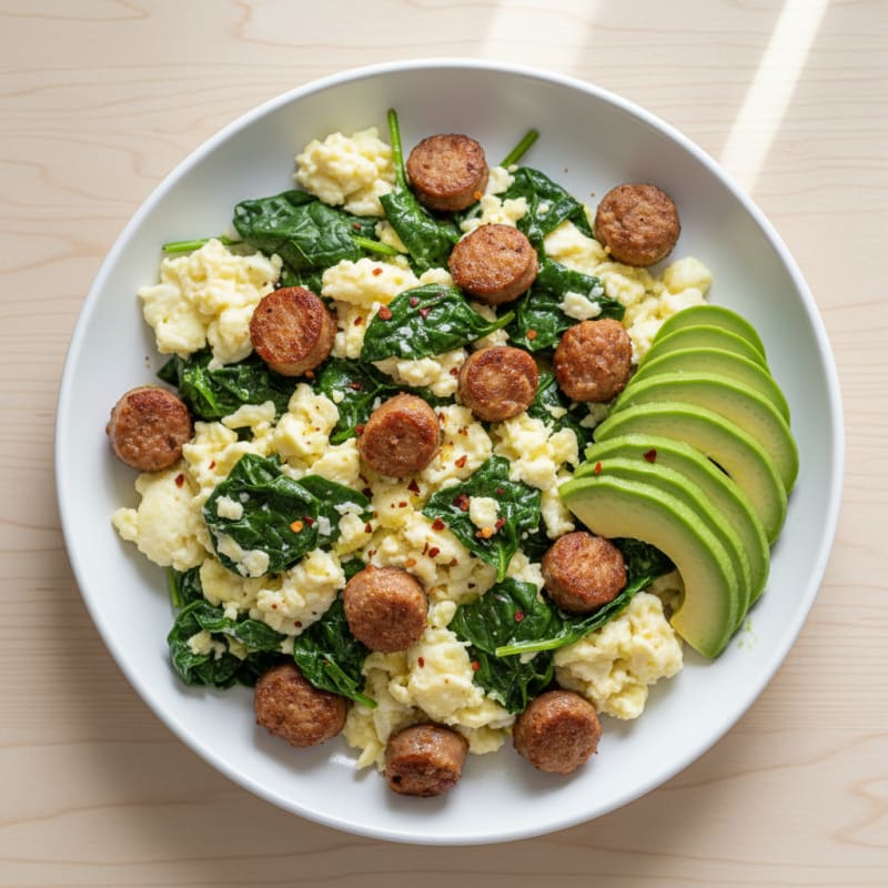 Egg White and Spinach Scramble with Turkey Sausage