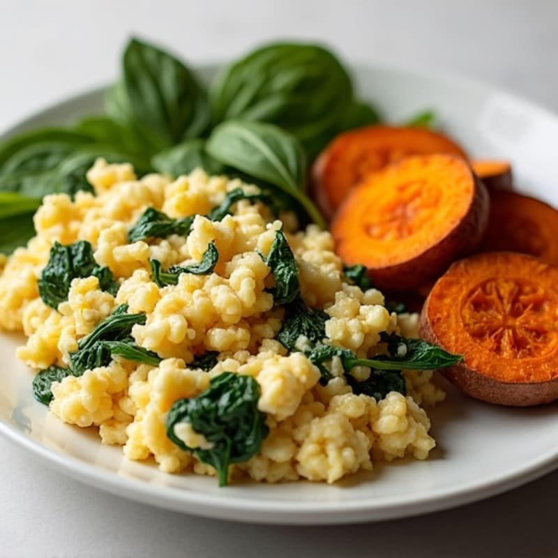 Egg White and Turkey Spinach Scramble with Roasted Sweet Potatoes