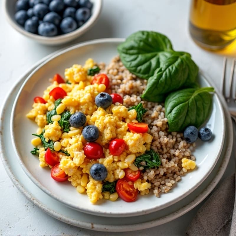 Egg White and Chicken Veggie Scramble with Berries and Brown Rice