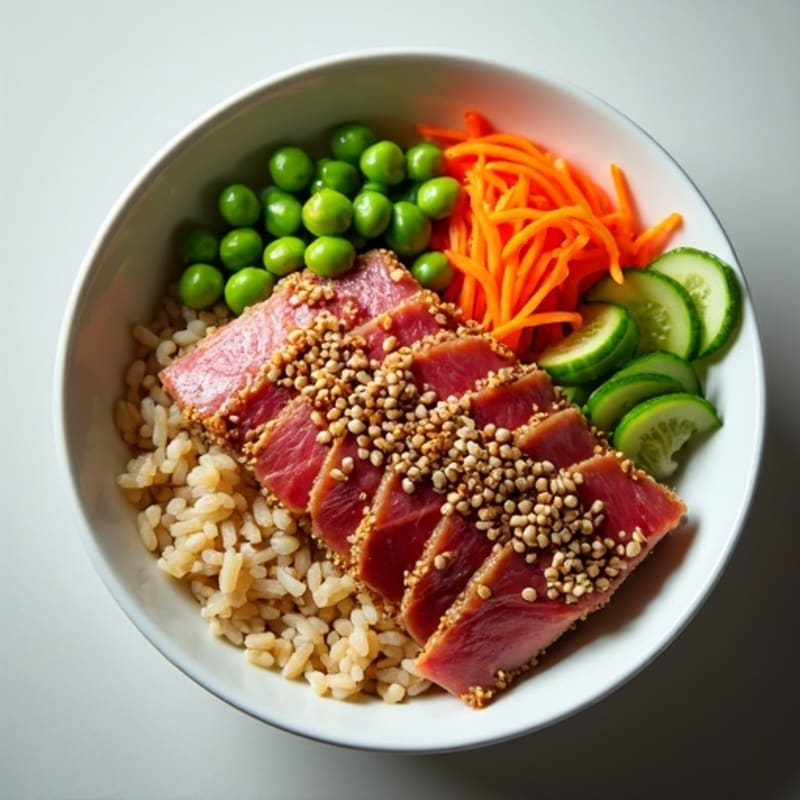 Sesame-Crusted Tuna Rice Bowl with Fresh Vegetables