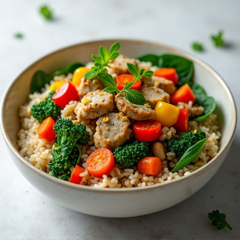 Garlic-Ginger Turkey Rice Bowl with Sautéed Spinach and Rainbow Vegetables