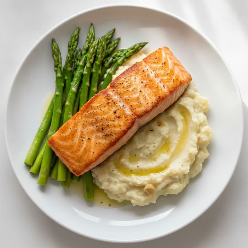 Seared Salmon with Steamed Asparagus and Garlic Mashed Cauliflower