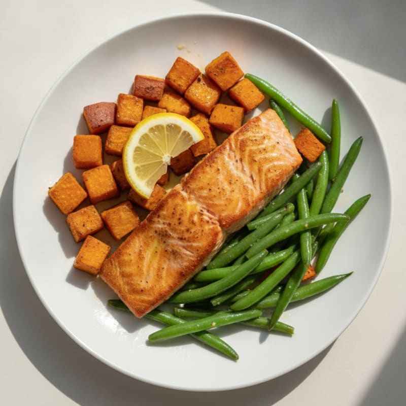 Seared Salmon with Roasted Sweet Potatoes and Green Beans