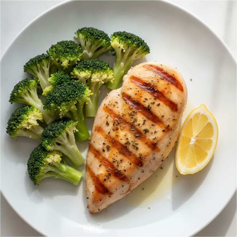 Grilled Chicken Breast with Steamed Broccoli and Lemon