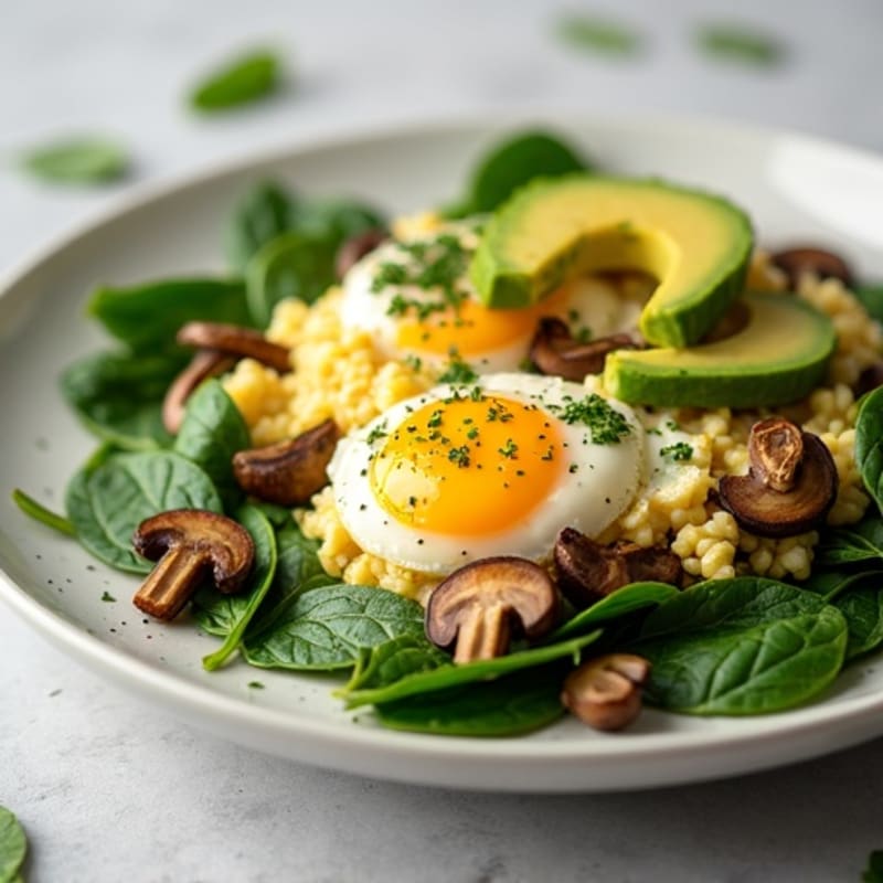 Cottage Cheese Scramble with Spinach and Sautéed Mushrooms