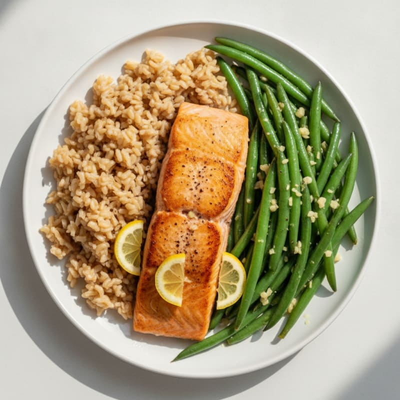 Seared Salmon with Garlic Green Beans and Brown Rice