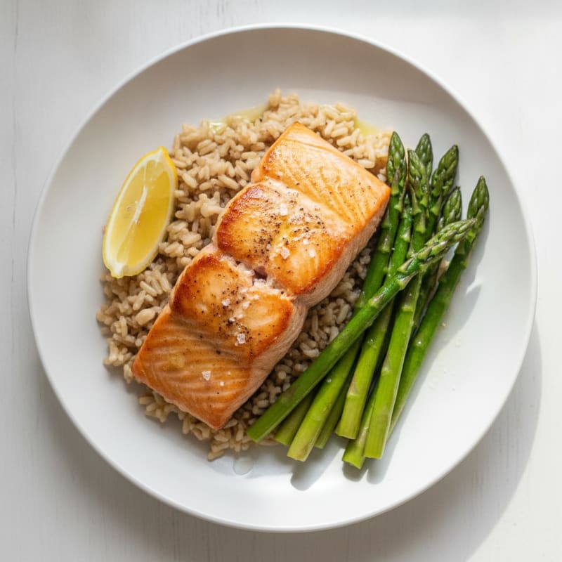 Seared Salmon with Steamed Asparagus and Brown Rice