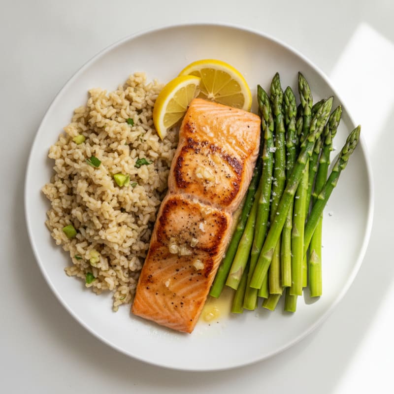 Seared Salmon with Steamed Asparagus and Brown Rice