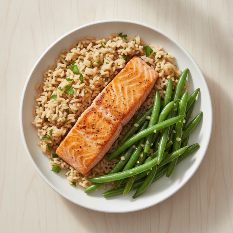 Seared Salmon Fillet with Herbed Brown Rice and Steamed Green Beans