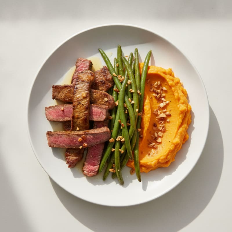 Seared Lean Beef Strips with Garlic Green Beans and Sweet Potato Mash