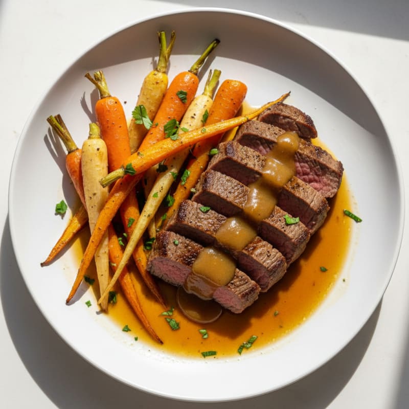 Seared Steak with Roasted Root Vegetables and Bone Broth Reduction