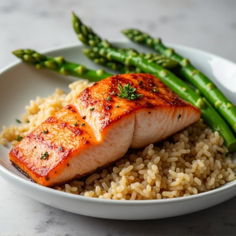 Seared Salmon Fillet with Steamed Asparagus and Brown Rice