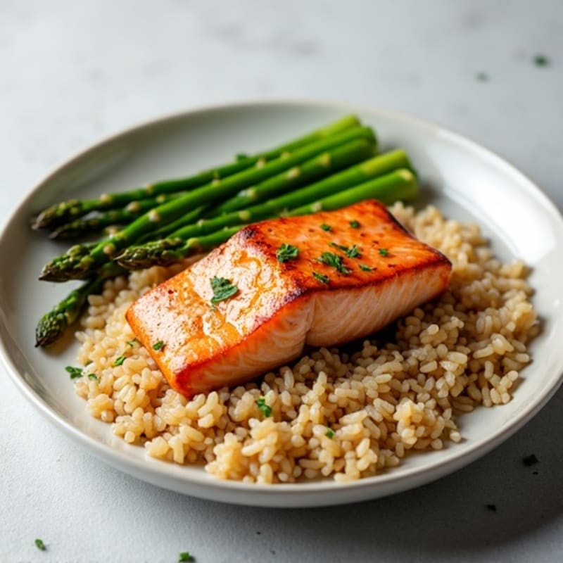 Seared Salmon with Steamed Asparagus and Brown Rice