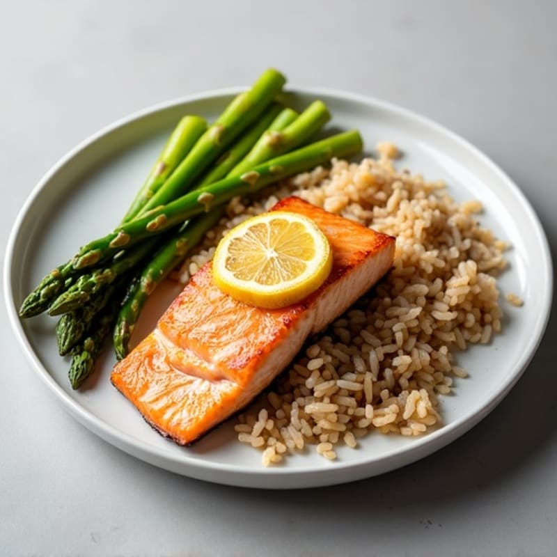 Seared Salmon Fillet with Steamed Asparagus and Brown Rice