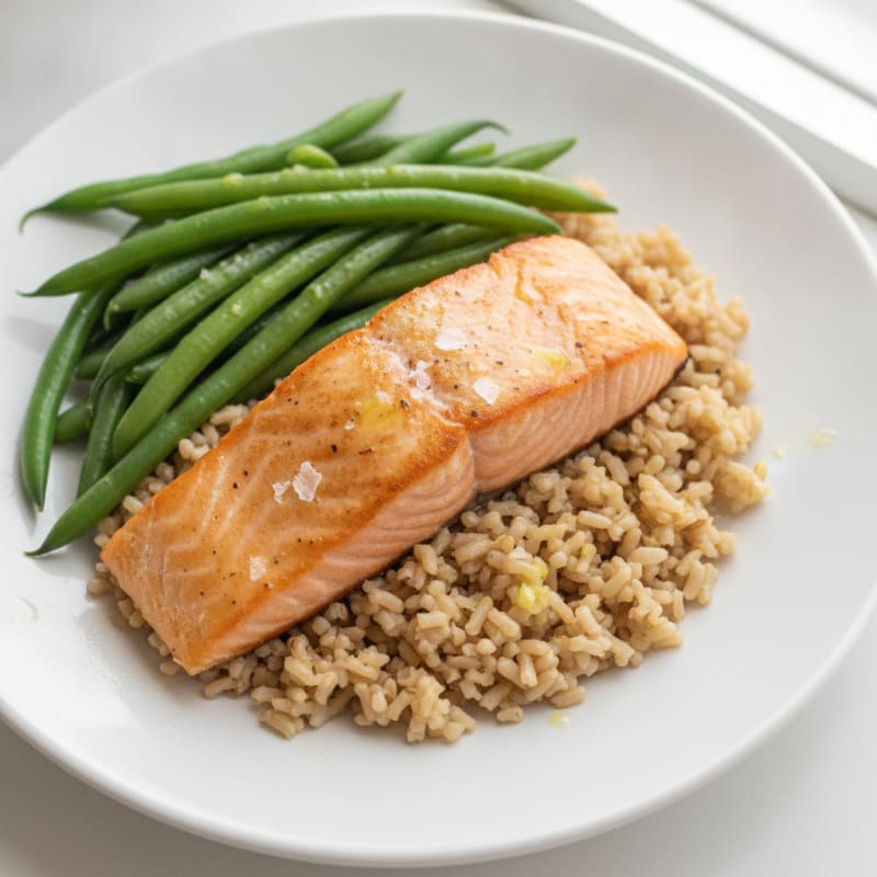 Seared Salmon Fillet with Steamed Green Beans and Brown Rice