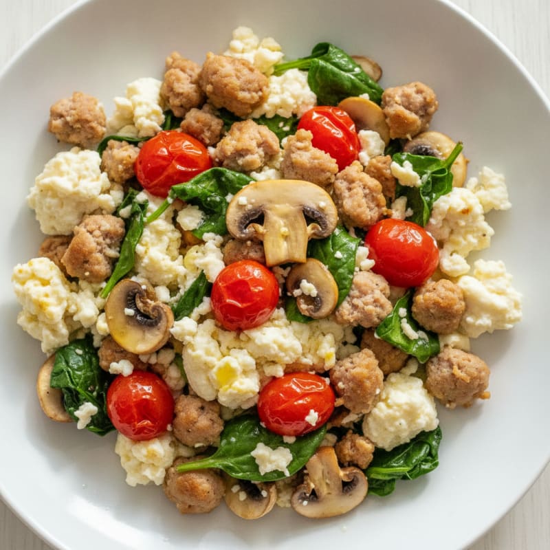 Egg White and Turkey Sausage Scramble with Spinach and Sautéed Mushrooms