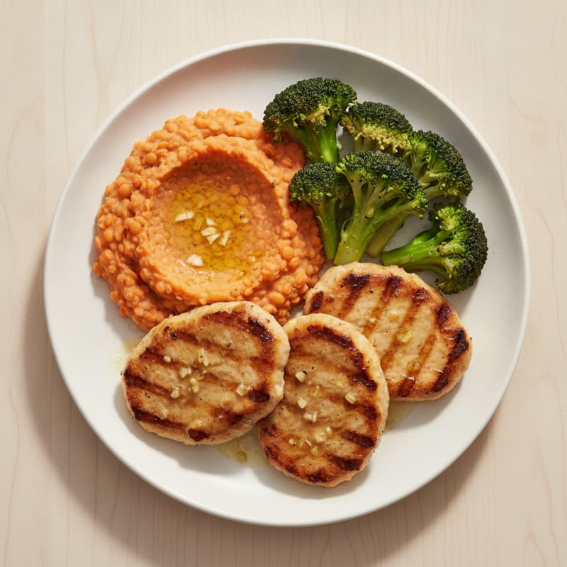 Grilled Seitan Cutlets with Steamed Broccoli and Lentil Mash