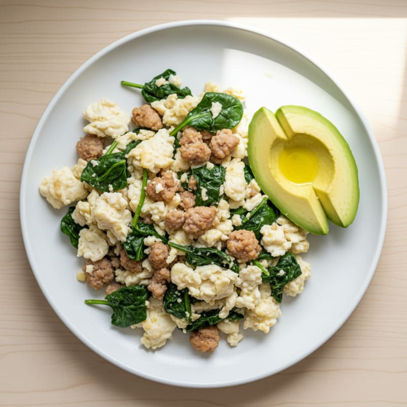 Egg White Scramble with Turkey Sausage and Sautéed Spinach