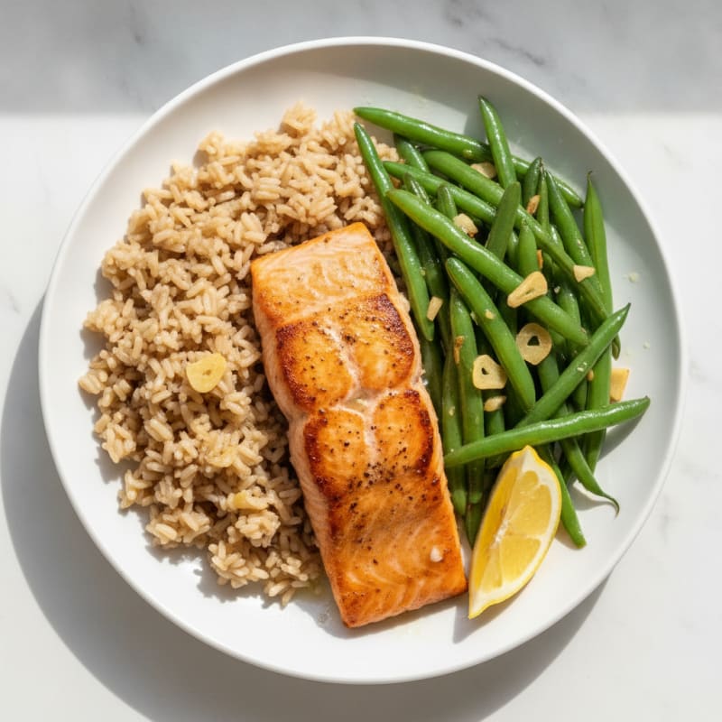 Pan-Seared Salmon with Garlic Green Beans and Brown Rice