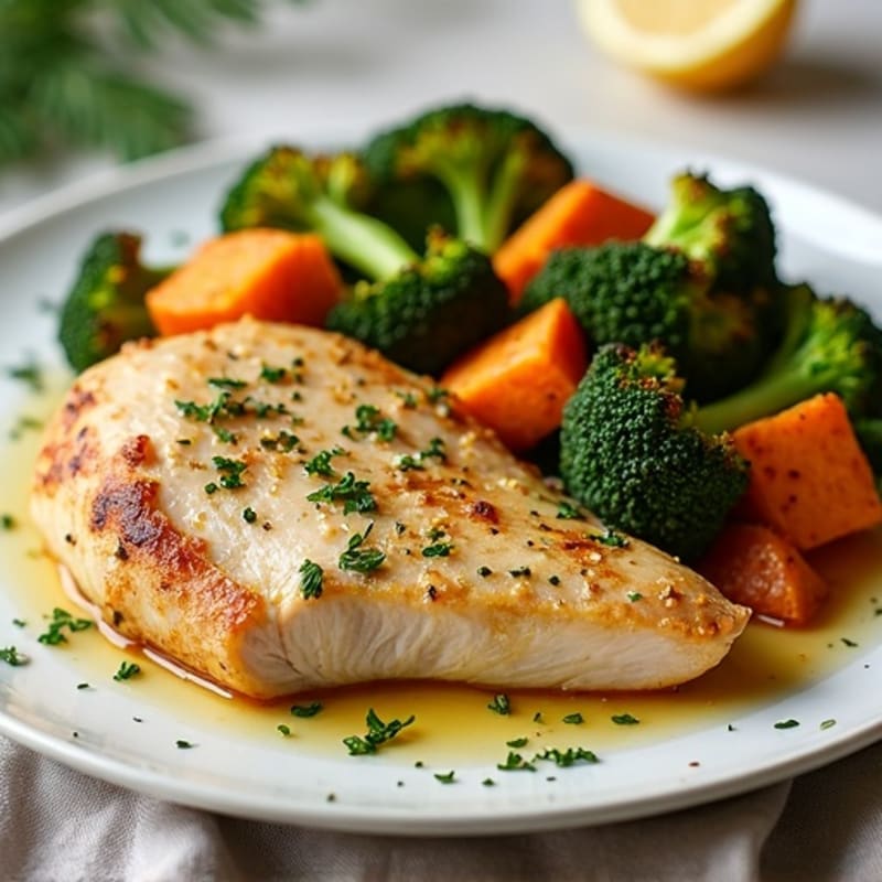 Lemon Herb Roasted Chicken with Crispy Roasted Broccoli and Sweet Potatoes