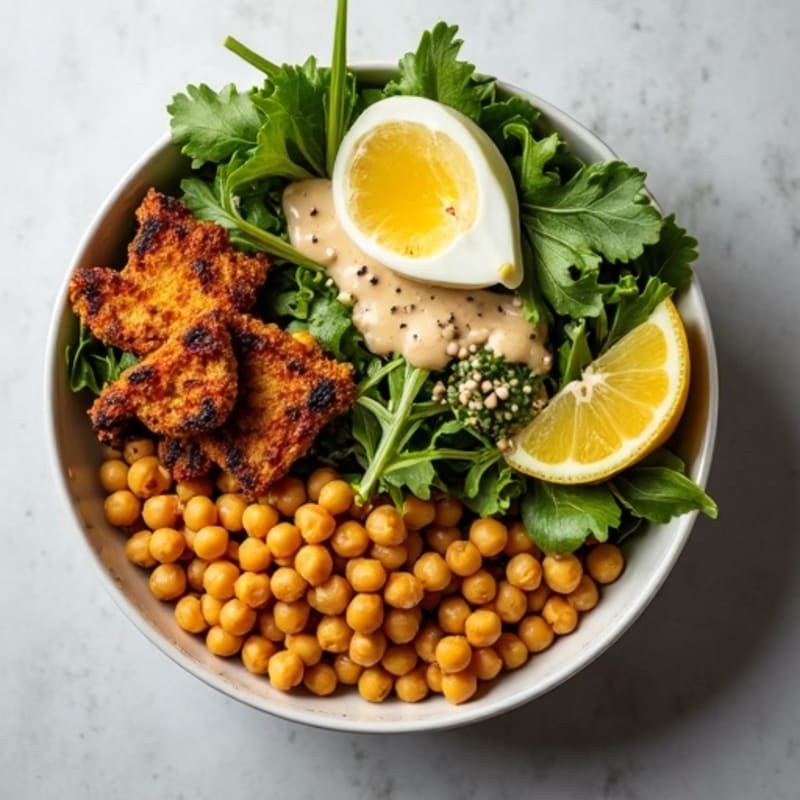 Crispy Roasted Chickpea Bowl with Fresh Greens and Lemon-Tahini Dressing