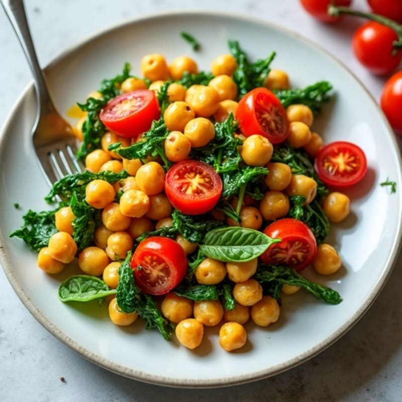 Hearty Chickpea Scramble with Sautéed Spinach and Cherry Tomatoes