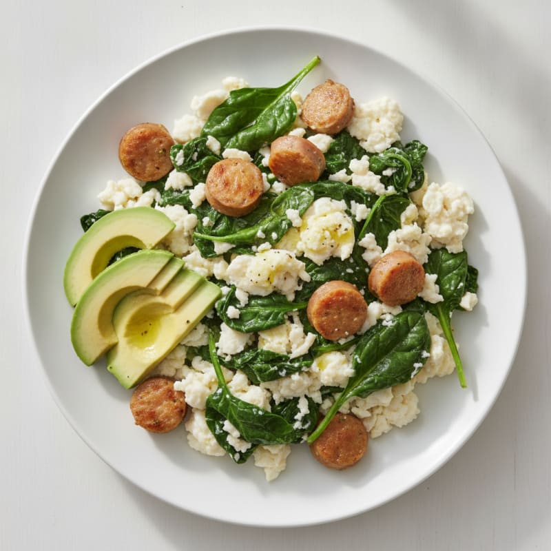 Egg White Scramble with Turkey Sausage and Sautéed Spinach