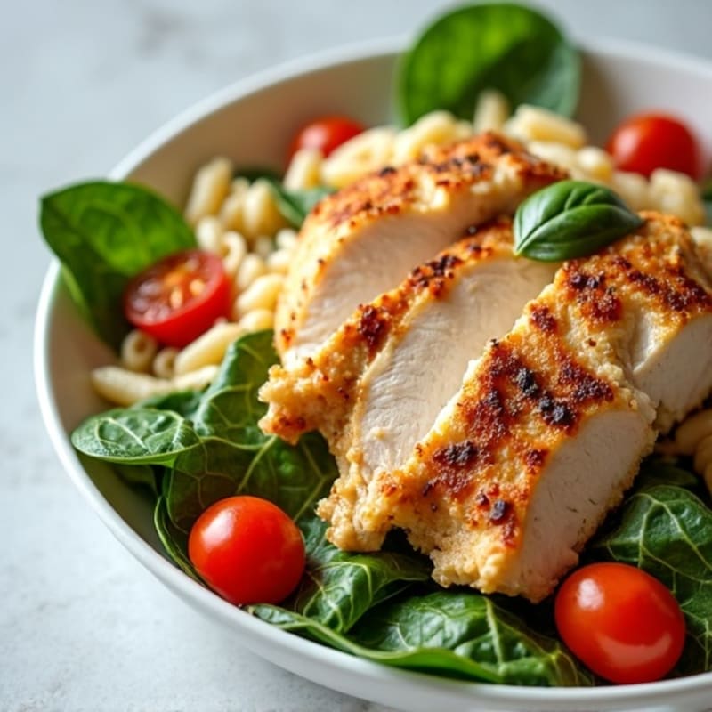 Grilled Chicken Pasta Salad with Spinach and Cherry Tomatoes