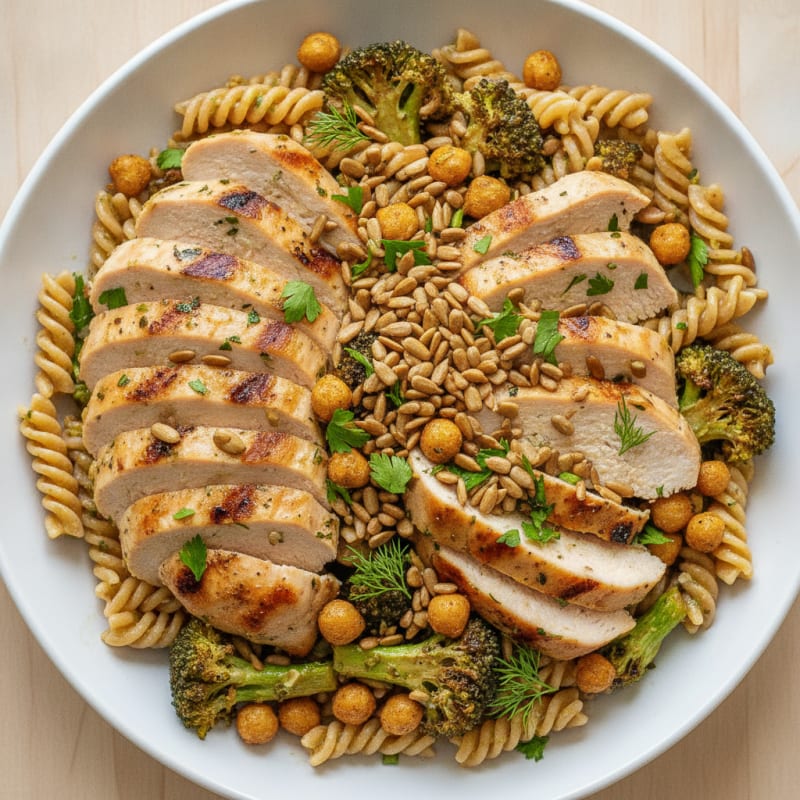 Grilled Chicken Pasta Salad with Roasted Broccoli and Chickpeas