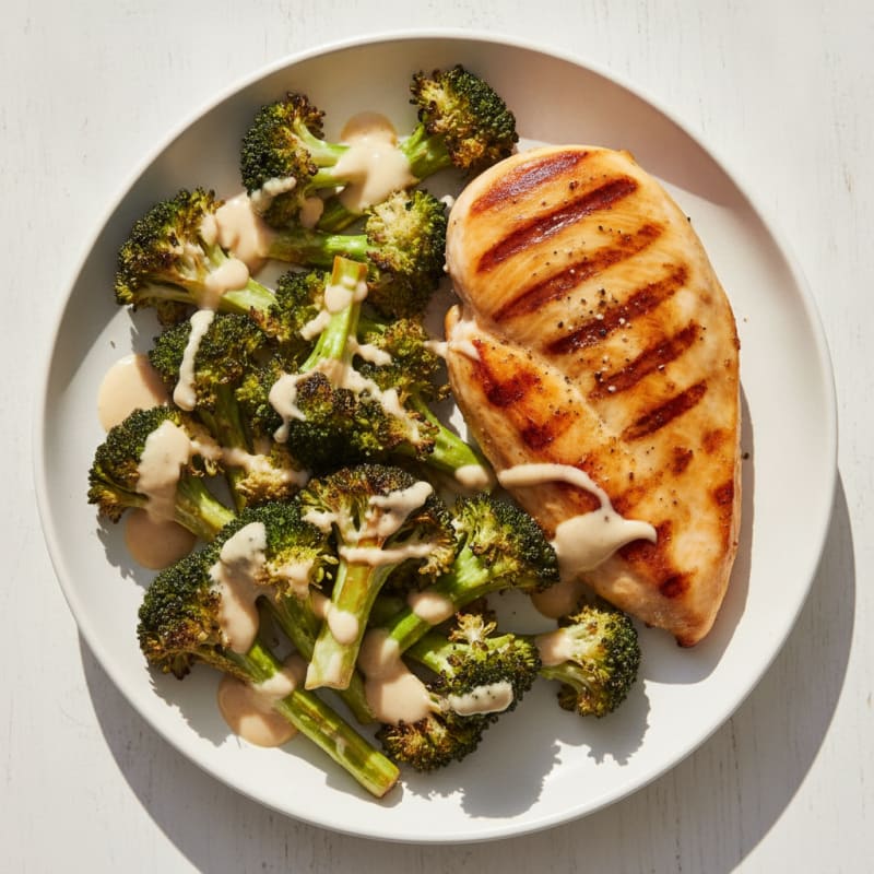 Grilled Chicken Breast with Roasted Broccoli and Lemon Tahini Drizzle