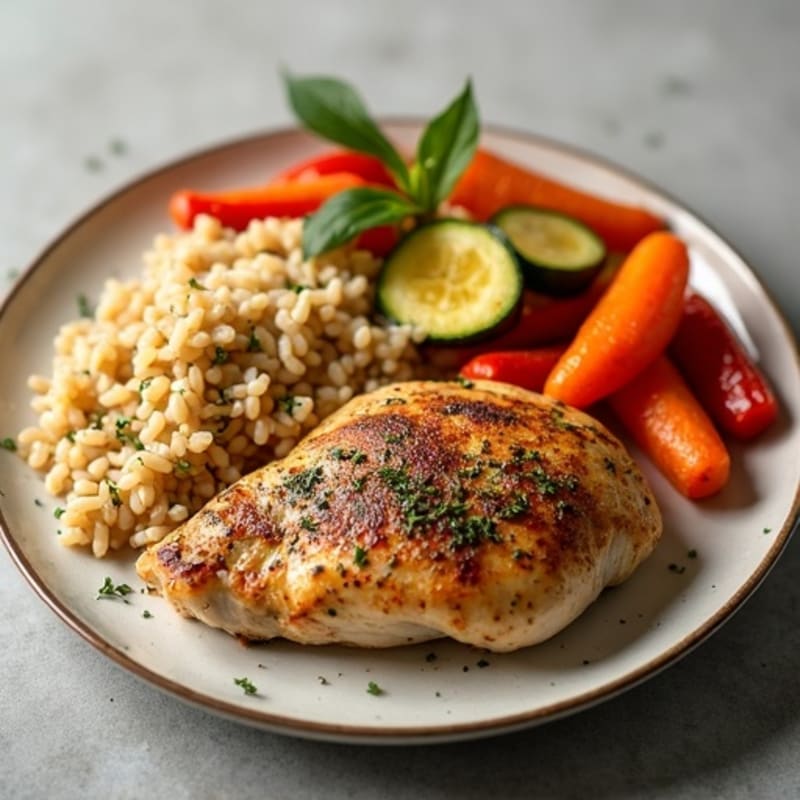 Herb-Roasted Chicken with Brown Rice and Crispy Roasted Vegetables