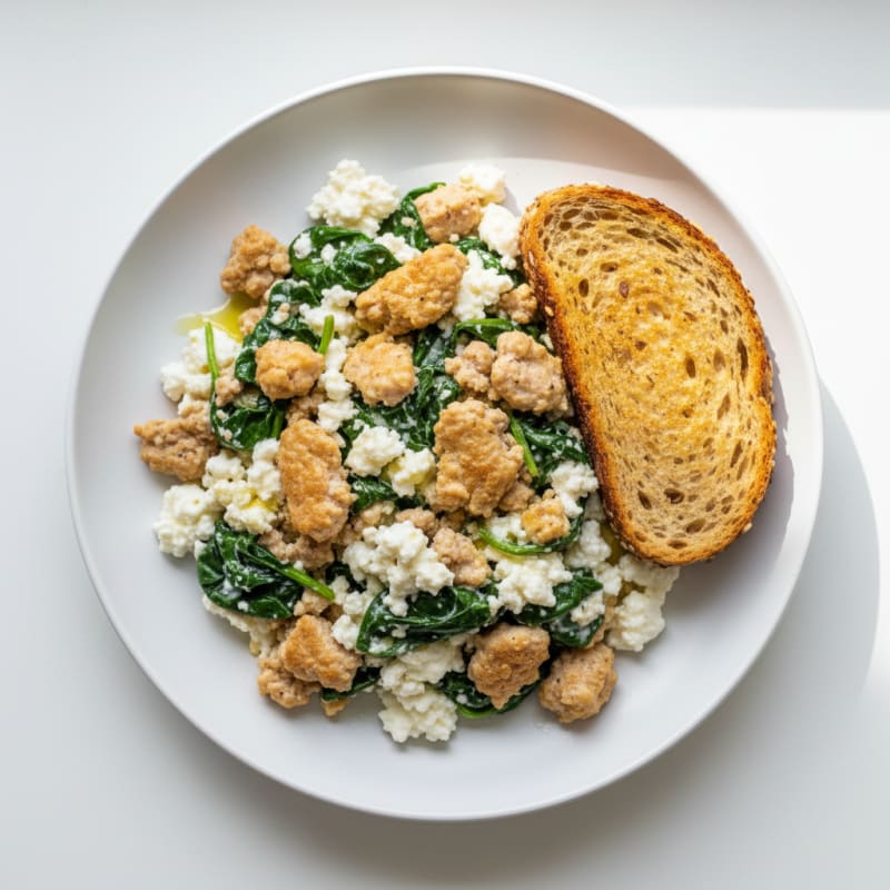 Cottage Cheese Egg White Scramble with Spinach and Sautéed Turkey