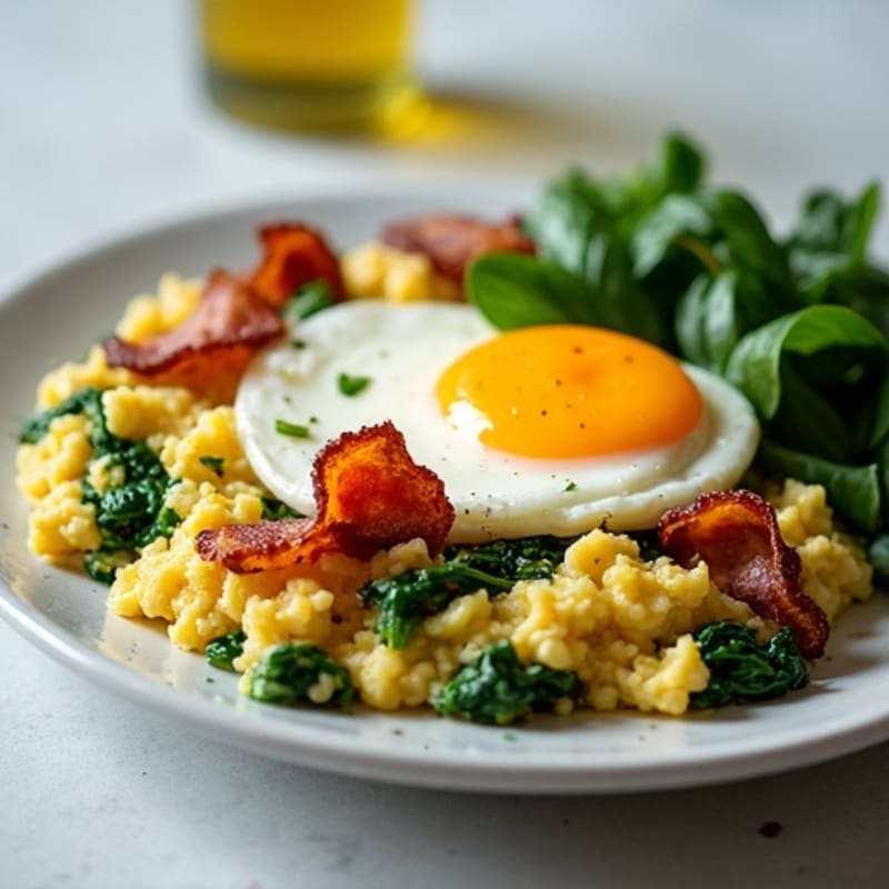Cottage Cheese Egg Scramble with Sautéed Spinach and Turkey Bacon