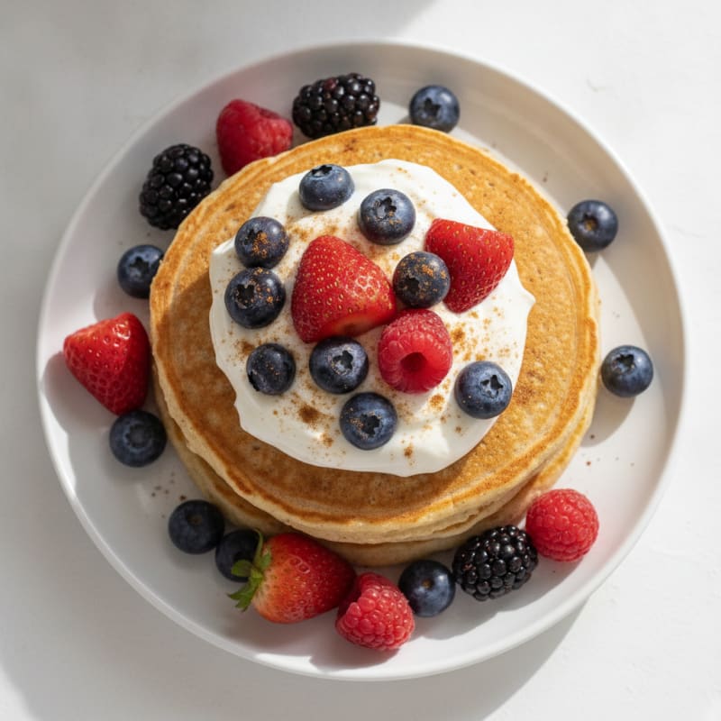 Cottage Cheese Protein Pancakes with Greek Yogurt and Berries
