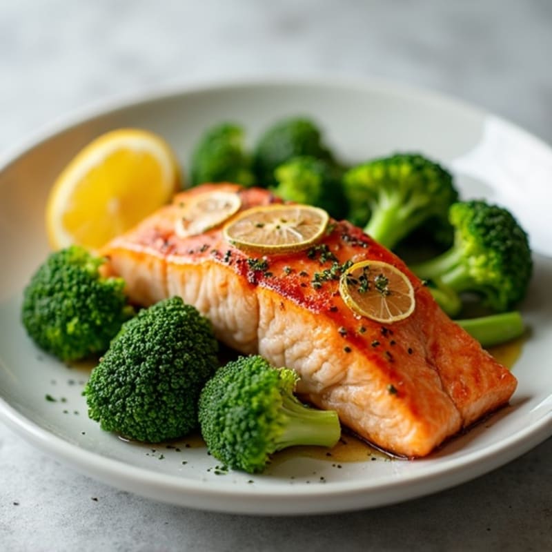Seared Salmon Fillet with Steamed Broccoli and Lemon