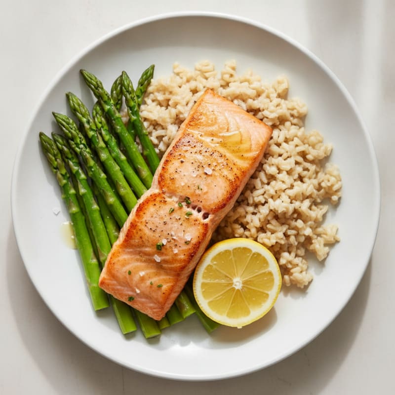 Seared Salmon with Steamed Asparagus and Brown Rice