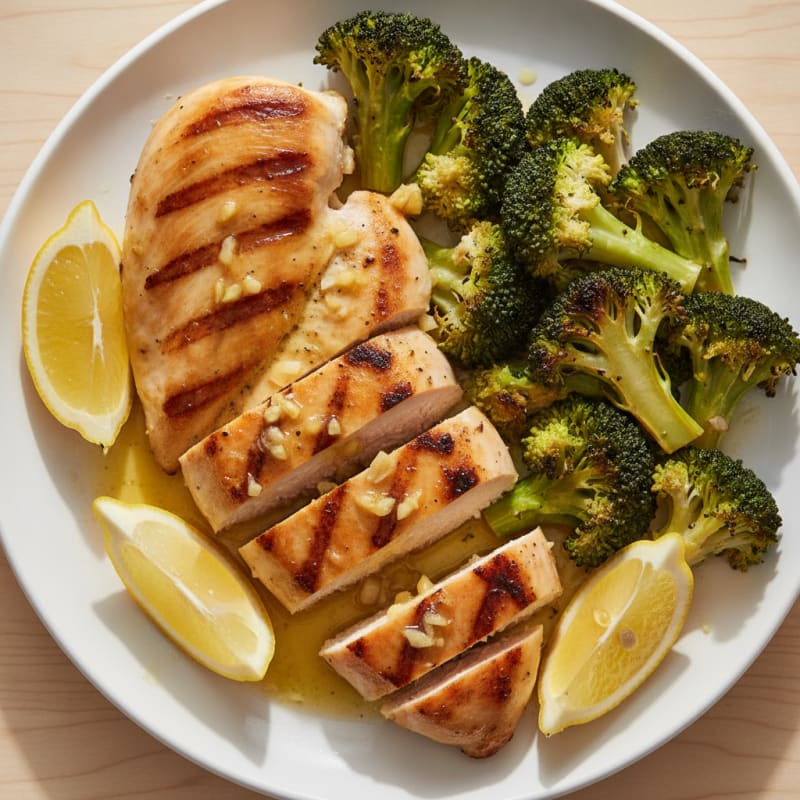 Grilled Chicken Breast with Roasted Broccoli and Lemon