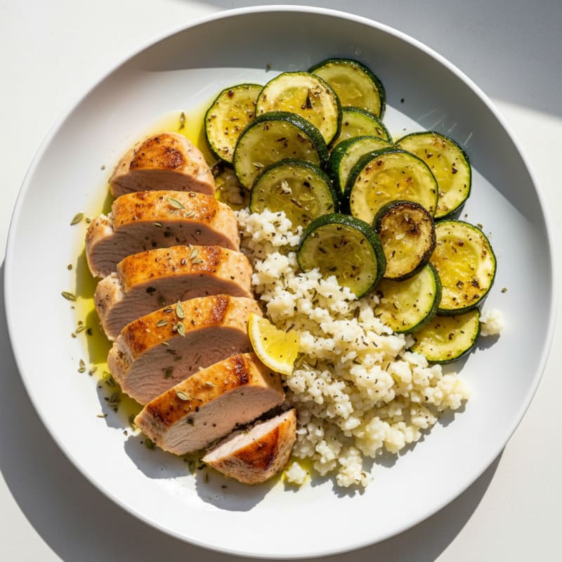 Seared Turkey Breast with Roasted Zucchini and Cauliflower Rice