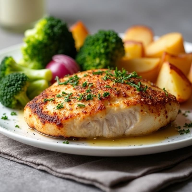 Herb-Roasted Chicken Breast with Crispy Potatoes, Broccoli, and Red Onion