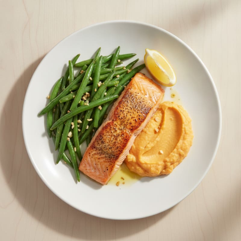 Seared Salmon with Garlic Green Beans and Sweet Potato Mash