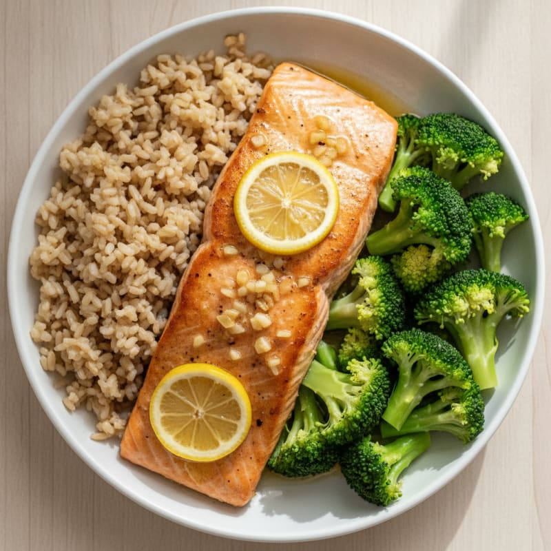 Seared Lemon-Garlic Salmon with Steamed Broccoli and Brown Rice