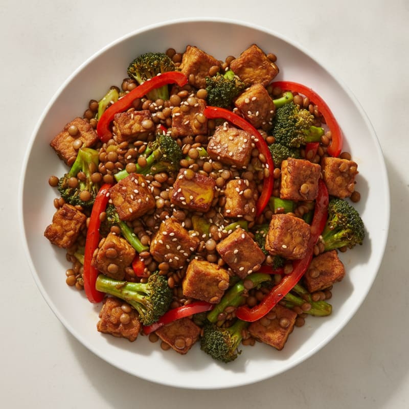 Lentil and Vegetable Stir-Fry with Seared Tempeh