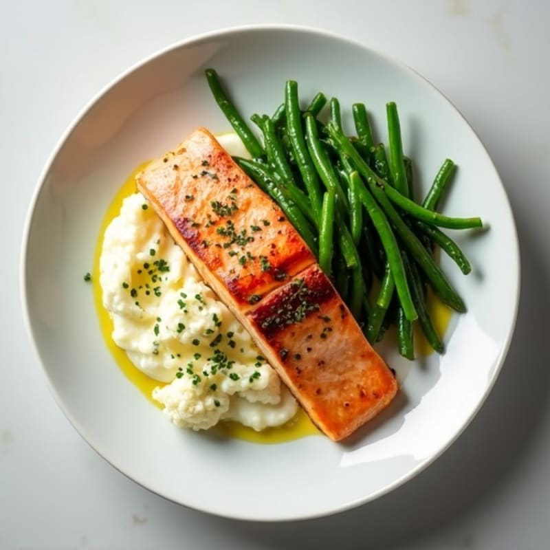 Seared Salmon with Garlic Green Beans and Cauliflower Mash