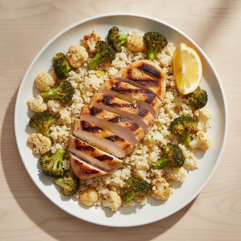 Grilled Chicken Breast with Roasted Broccoli and Cauliflower Rice