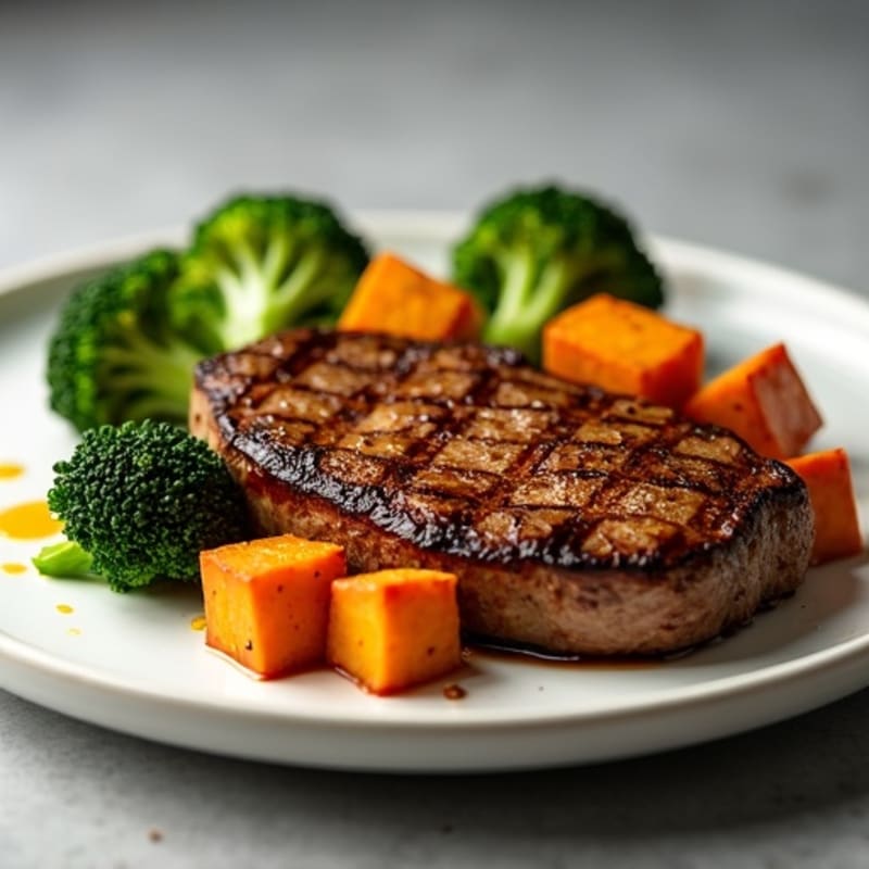 Grilled Beef Steak with Roasted Sweet Potato and Broccoli