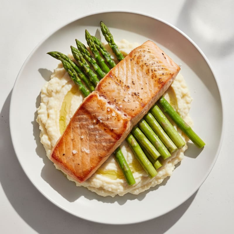 Seared Salmon Fillet with Steamed Asparagus and Cauliflower Mash