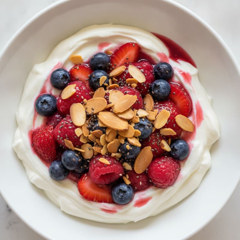 Thick Greek Yogurt Bowl with Mixed Berries and Protein Crunch