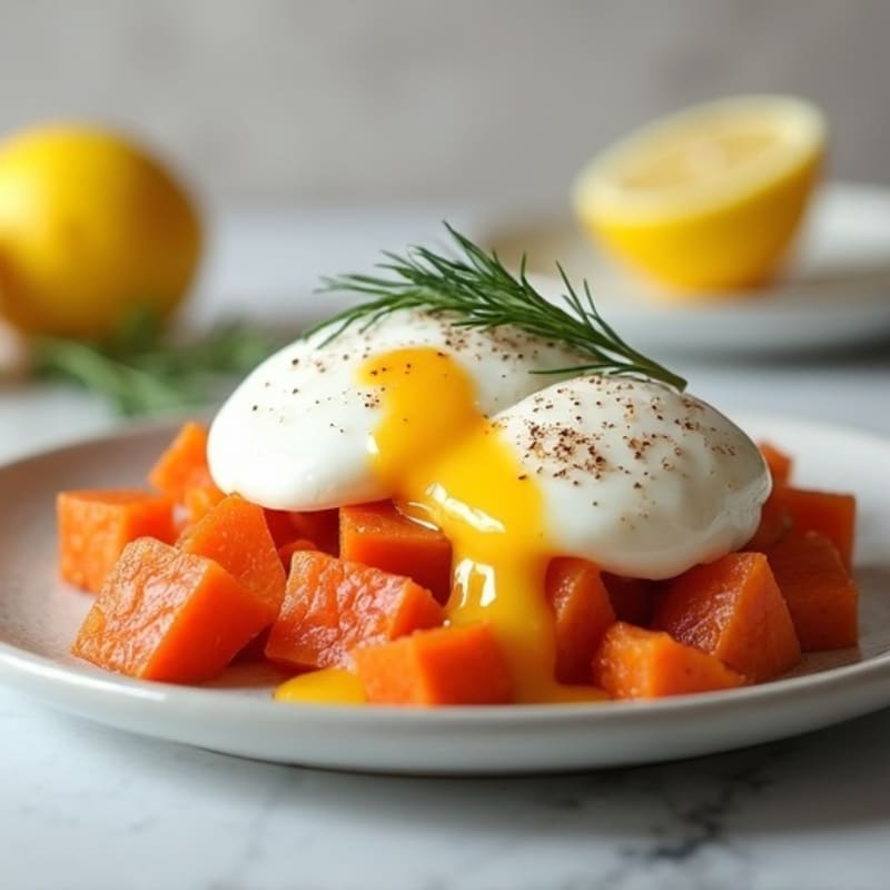 Poached Eggs with Smoked Salmon, Roasted Sweet Potato, and Creamy Lemon-Dill Sauce